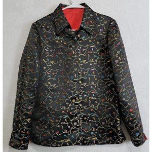 Robert Louis Lined Black Metallic Floral Silk Blend Open Front Jacket Size M/L